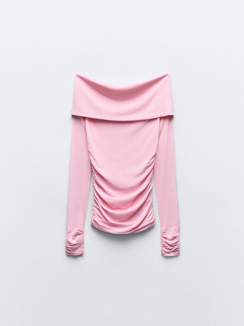 Zara Pink Off-Shoulder Ruched Long-Sleeve Top